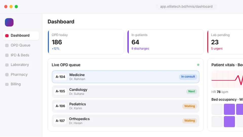 Hospital Management (HMIS) software dashboard screenshot